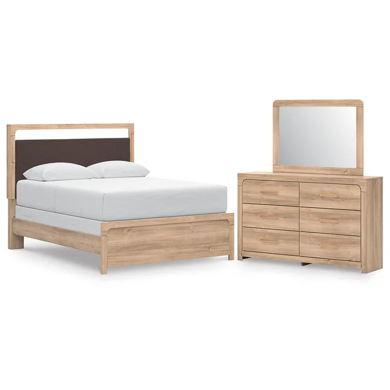 Kinlanni Queen Upholstered Panel Bed, Dresser and Mirror - Ashley®