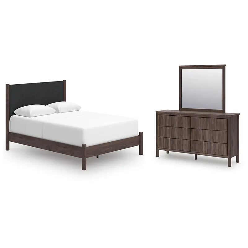 Pamytta Queen Upholstered Panel Bed, Dresser and Mirror - Ashley®
