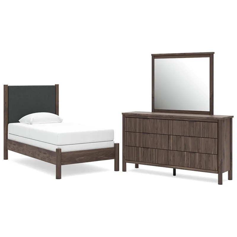 Pamytta Twin Upholstered Panel Bed, Dresser and Mirror - Ashley®