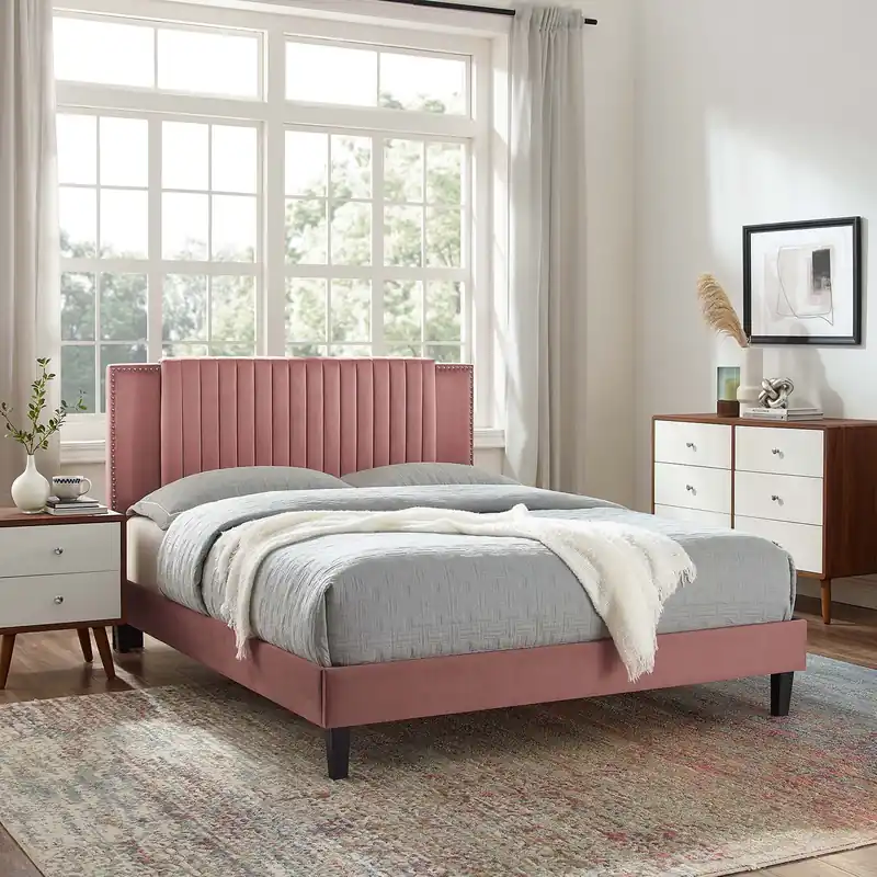 Zahra Channel Tufted Performance Velvet Platform Bed With Black Wood Legs by Modway