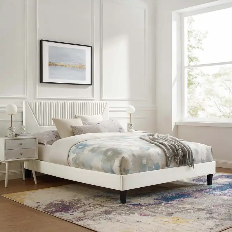 Yasmine Channel Tufted Performance Velvet Platform Bed With Black Wood Legs by Modway