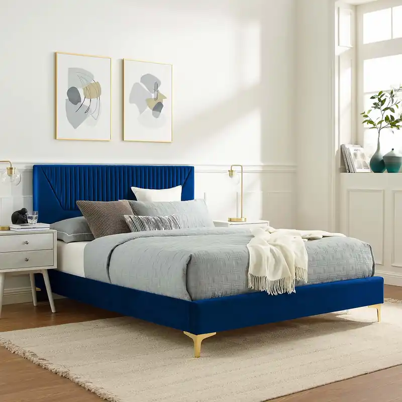 Yasmine Channel Tufted Performance Velvet Platform Bed With Gold Metal Legs by Modway