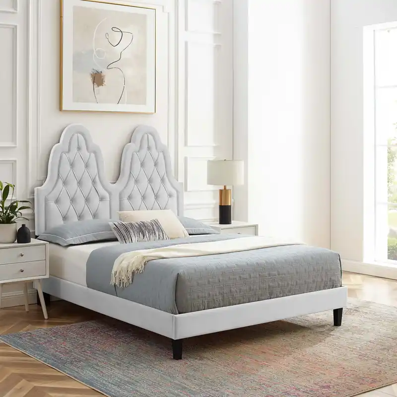 Alexandria Tufted Performance Velvet Platform Bed With Black Wood Legs by Modway