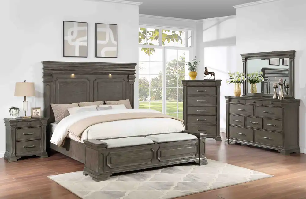 Bedroom with Storage Bench | Flinter King Bed with Dresser, Mirror, 2 Nightstands - Massa Gallery