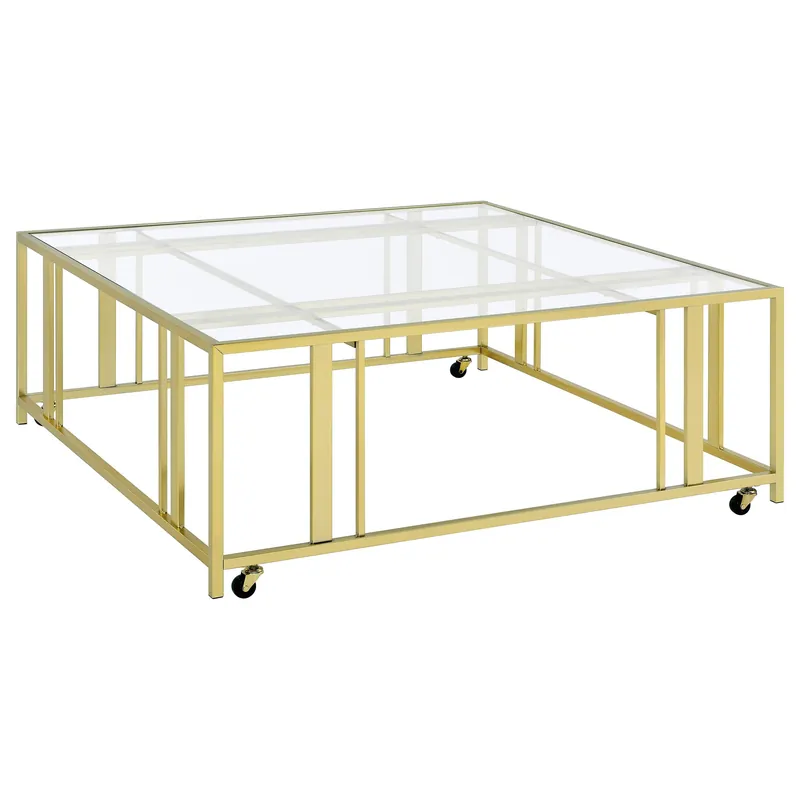 Adri Square Glass Top Coffee Table with Casters Matte Brass - Coaster