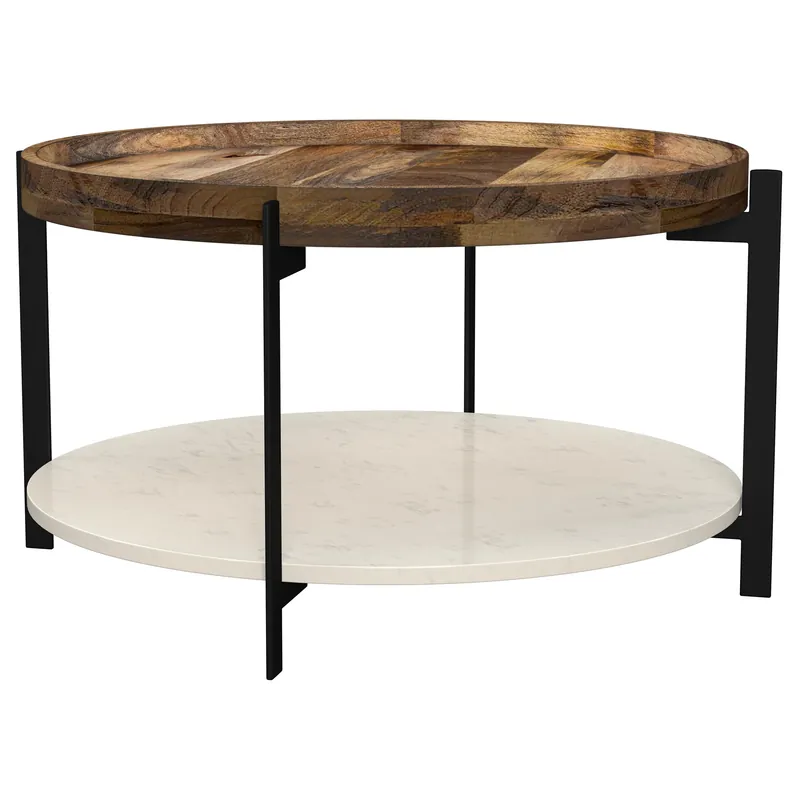 Adhvik Round Wood Top Marble Shelf Coffee Table Natural - Coaster