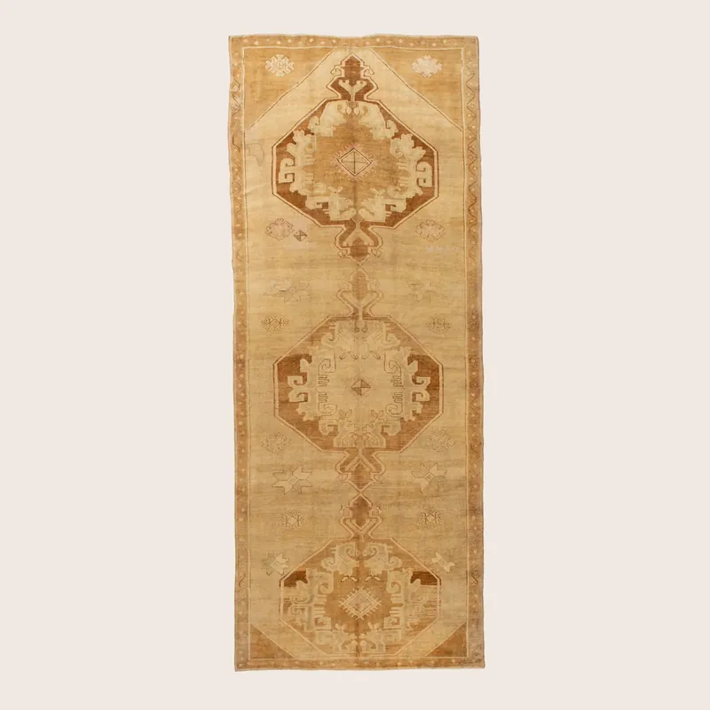 Beige Vintage Traditional Turkish Wool Runner - 6'2" x 17'2"