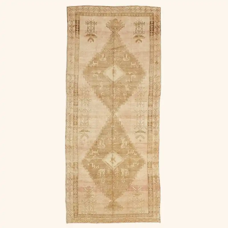 Beige Vintage Traditional Turkish Wool Rug - 7'6" x 17'3"