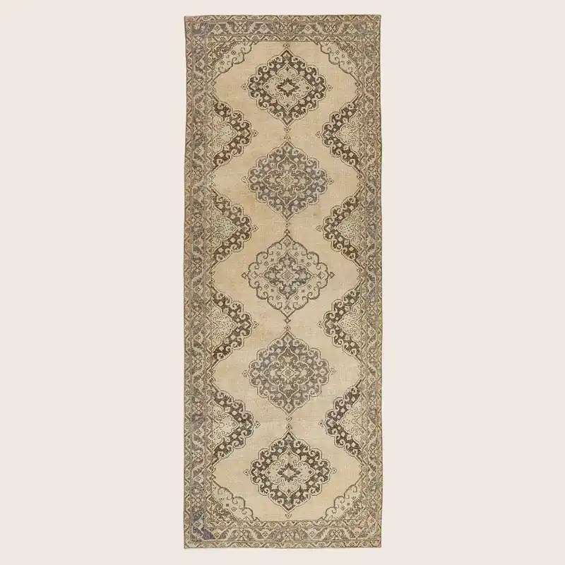 Beige Vintage Wool Rug - 4'8" x 12'10"