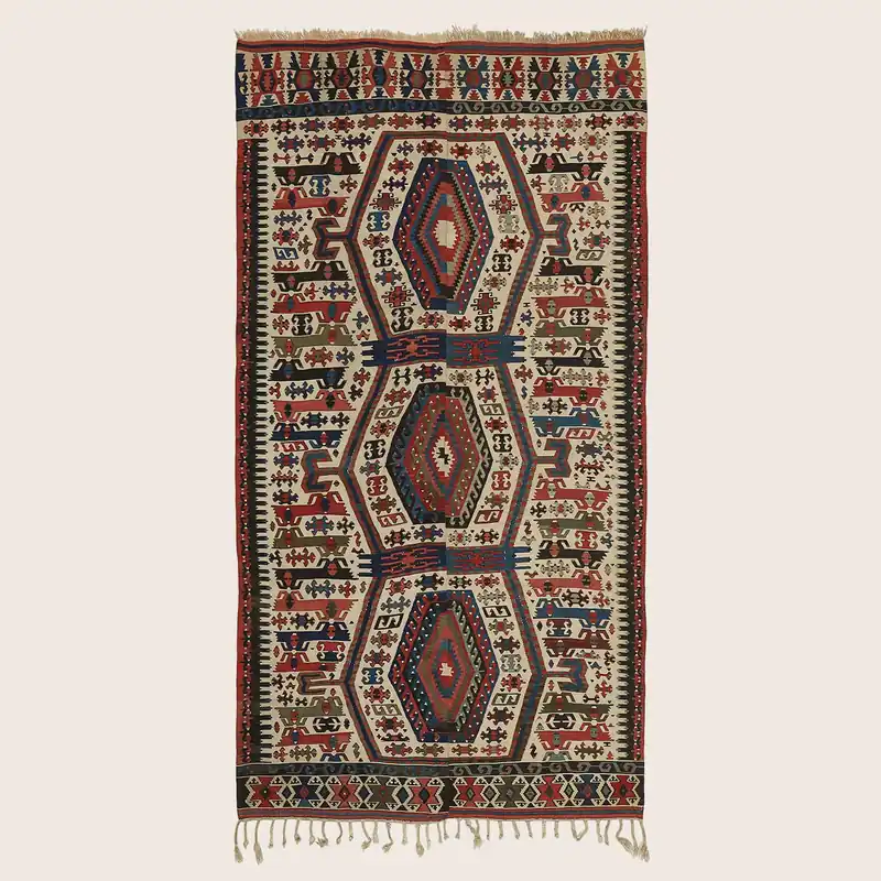 Multicolored Ivory Vintage Anatolian Wool Kilim Rug - 5'3" x 10'4"