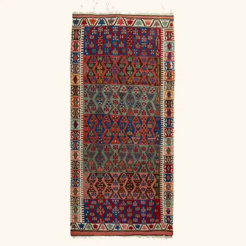 Red and Green Vintage Traditional Alyosha Wool Rug - 4'11" x 11'2"