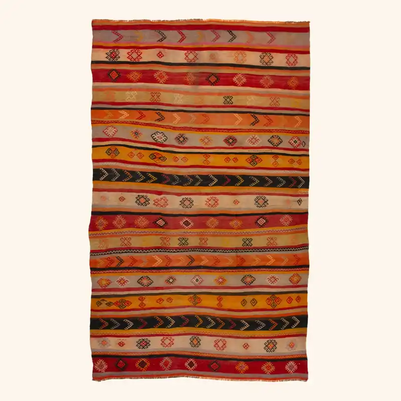 Red & Orange Vintage Wool Kilim Rug - 6'5" x 11'2"