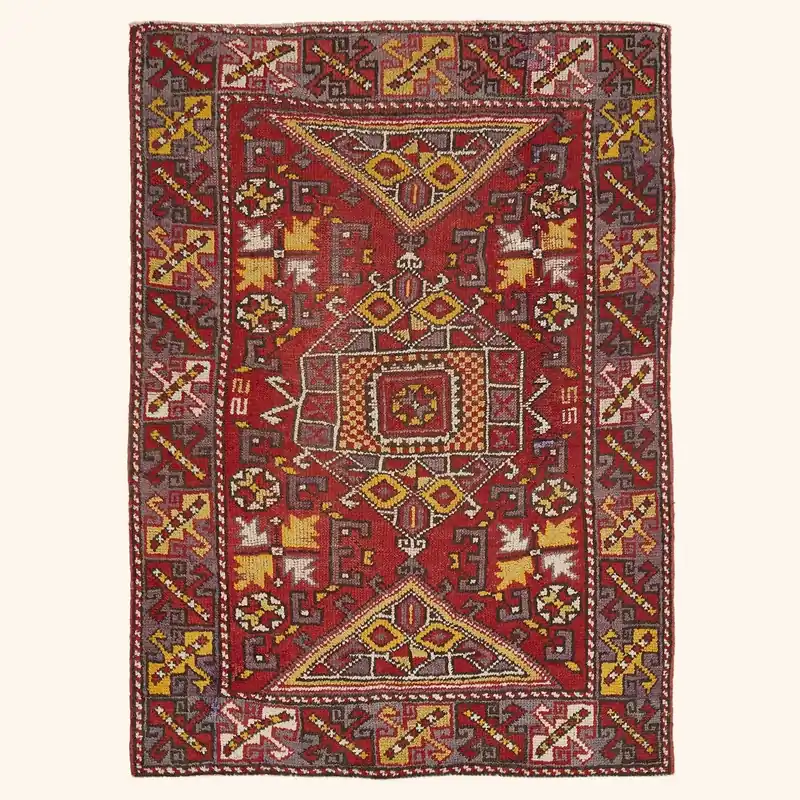 Red Vintage Canakkale Wool Rug - 4'2" x 5'8"