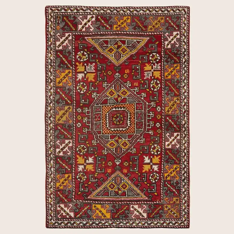 Red Vintage Traditional Turksih Wool Rug - 4'1" x 6'6"