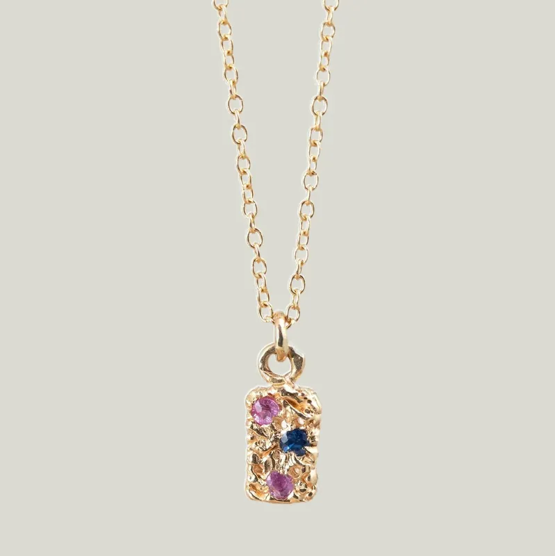 Pink & Blue Sapphire Textured Rectangle Necklace - Danielle Jessie Welmond (Drop Ship)