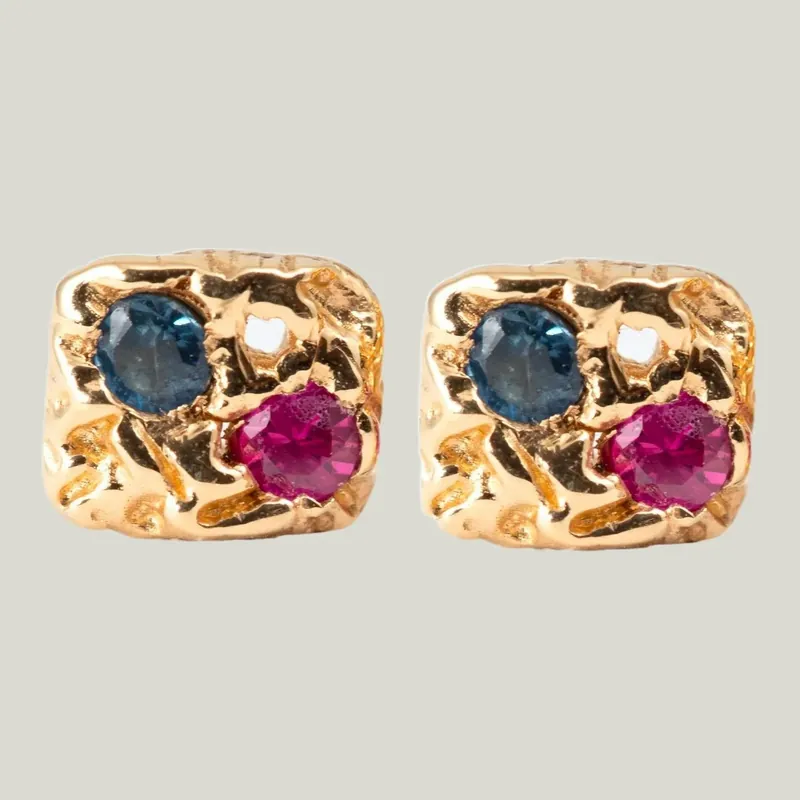 Pink & Blue Sapphire Etched Square Stud Earrings - Danielle Jessie Welmond (Drop Ship)