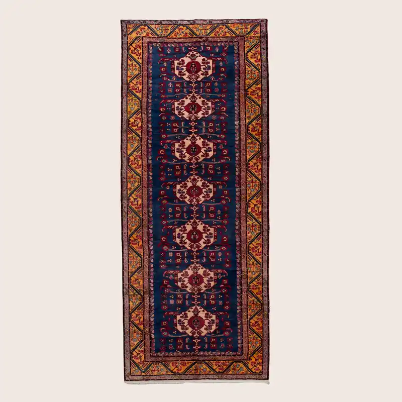 Blue & Yellow Vintage Traditional Wool Runner - 6'2" x 16'