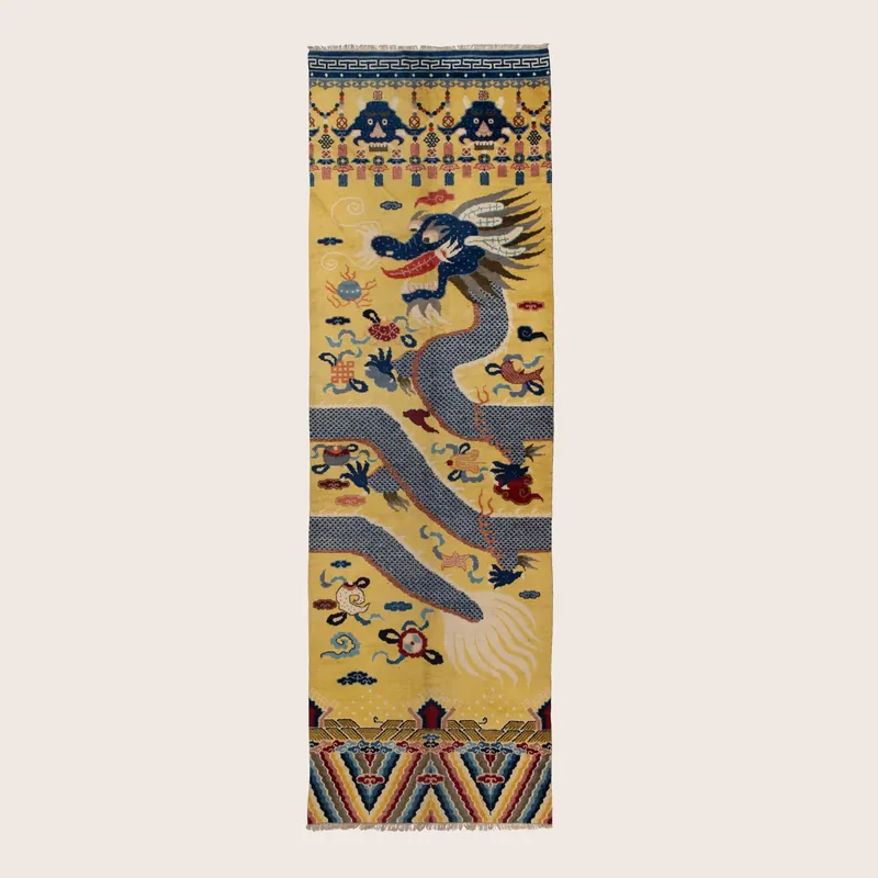 Yellow & Blue Vintage Traditional Tibetan Wool Rug - 5' x 15'7"