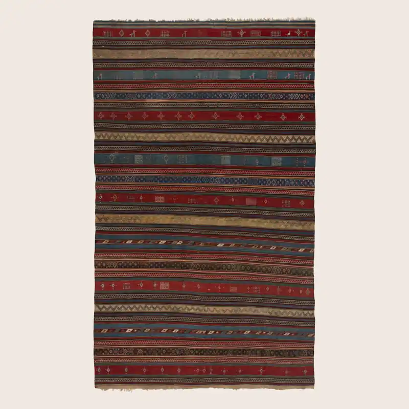 Multicolored Vintage Turkish Flatweave Wool Rug - 6' x 10'