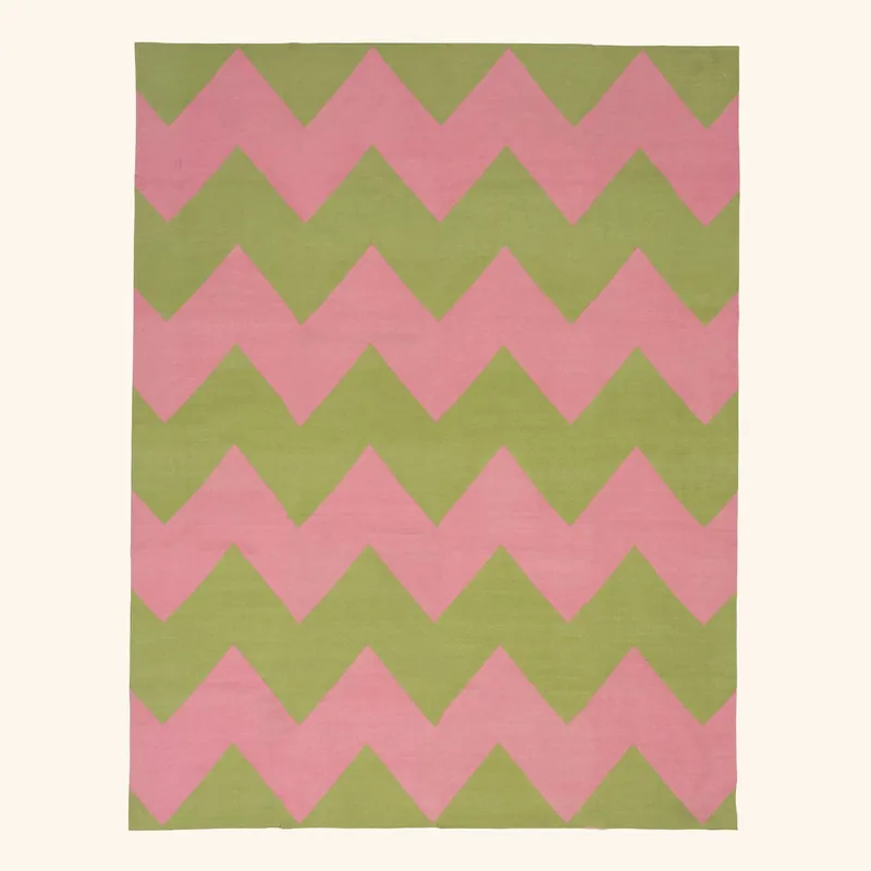 Pink & Green Chevron Dhurrie Cotton Rug - 8'10" x 11'10"