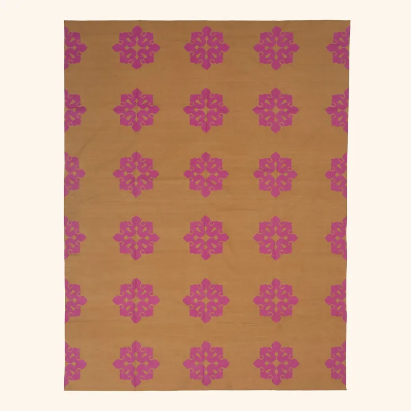 Tan & Pink Floral Dhurrie Cotton Rug - 8'10" x 11'10"
