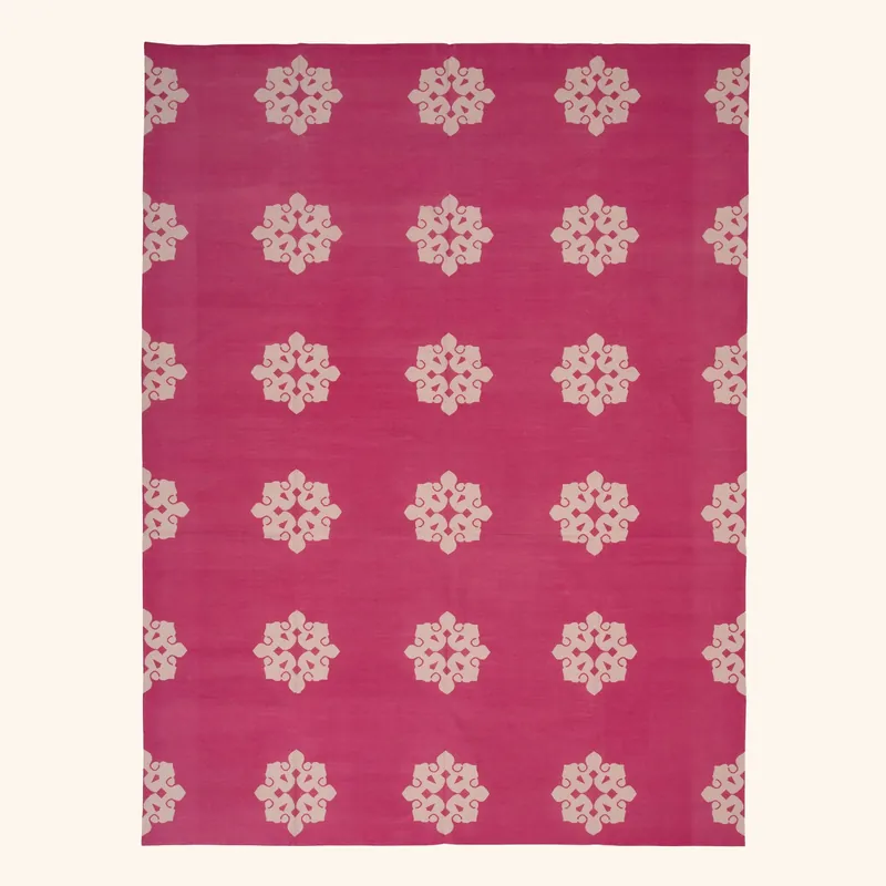 Pink Floral Dhurrie Cotton Rug - 10'1" x 13'7"