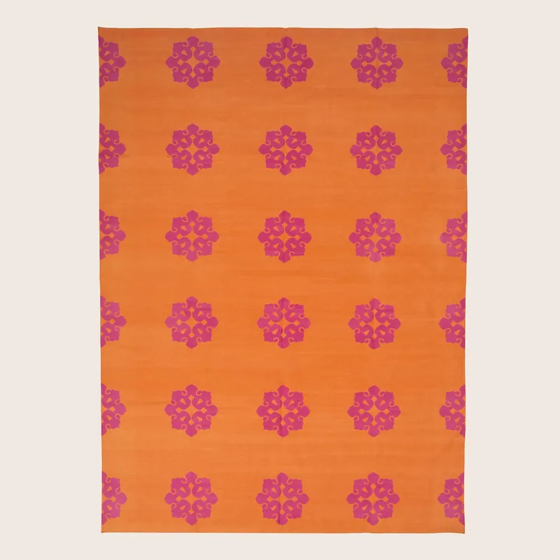 Orange & Pink Floral Dhurrie Cotton Rug - 10' x 14'21"