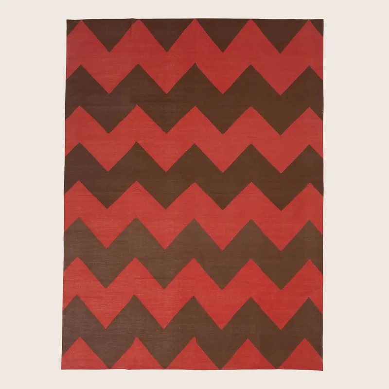 Red & Brown Chevron Dhurrie Cotton Rug - 10' x 14'6"