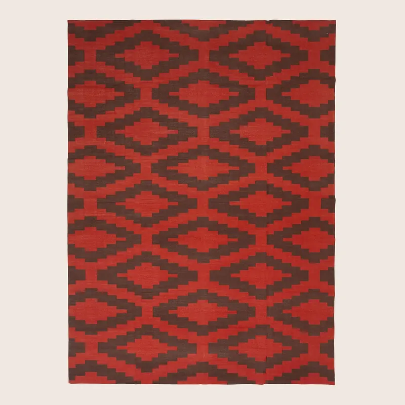 Brown & Red Geometric Flatweave Cotton Rug - 10' x 14'