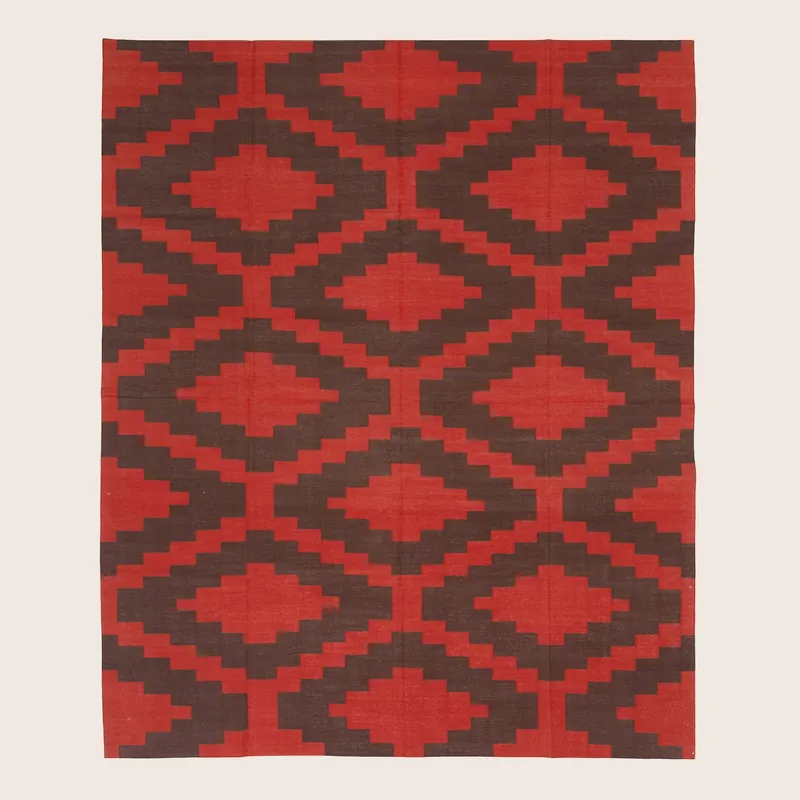 Brown & Red Geometric Flatweave Cotton Rug - 7'10" x 9'10"