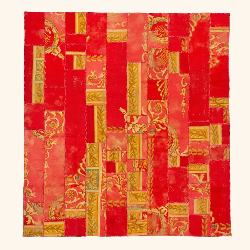Red & Green Patchwork Wool Rug - 10' x 10'8"