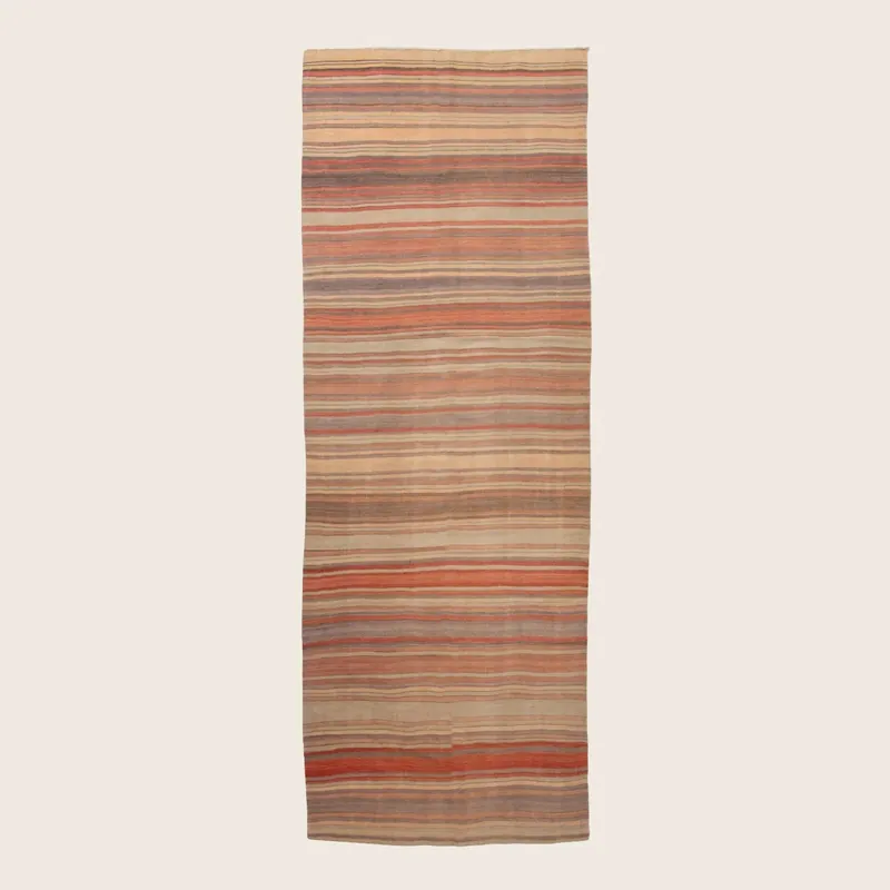 Brown Stripe Vintage Anatolian Kilim Wool Runner - 4'1" x 13'6"