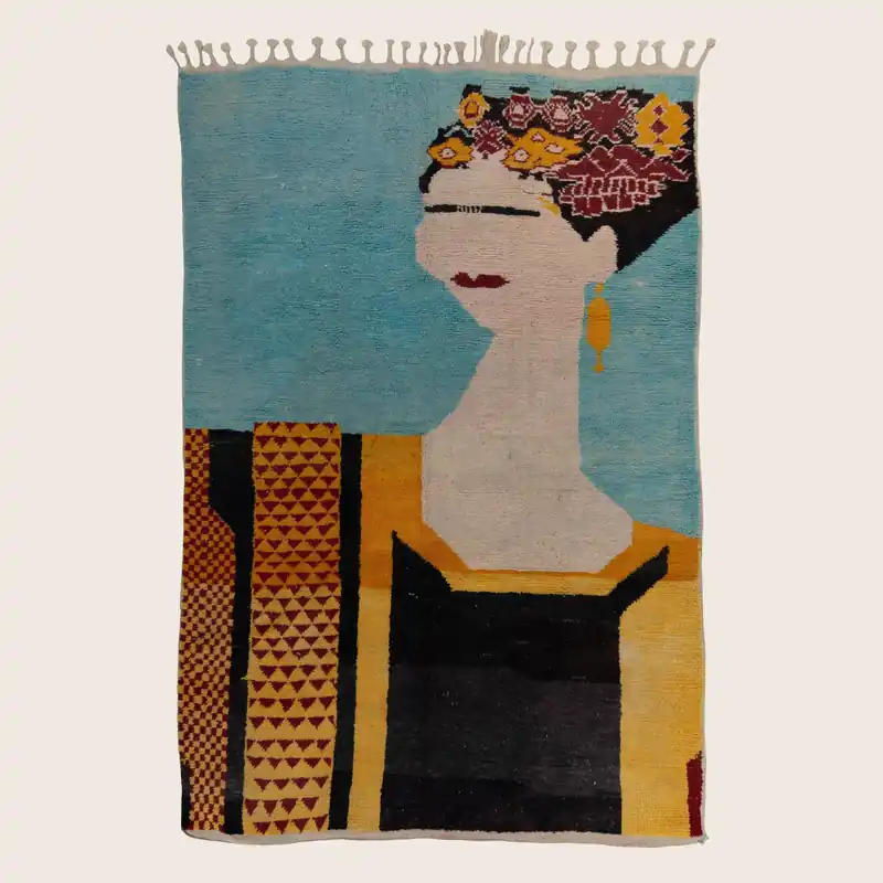 Blue Yellow Moroccan Wool Rug - 6'3" x 9'6"