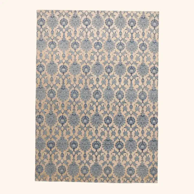 Blue + Cream Transitional Silk Rug - 9'9" x 13'9"
