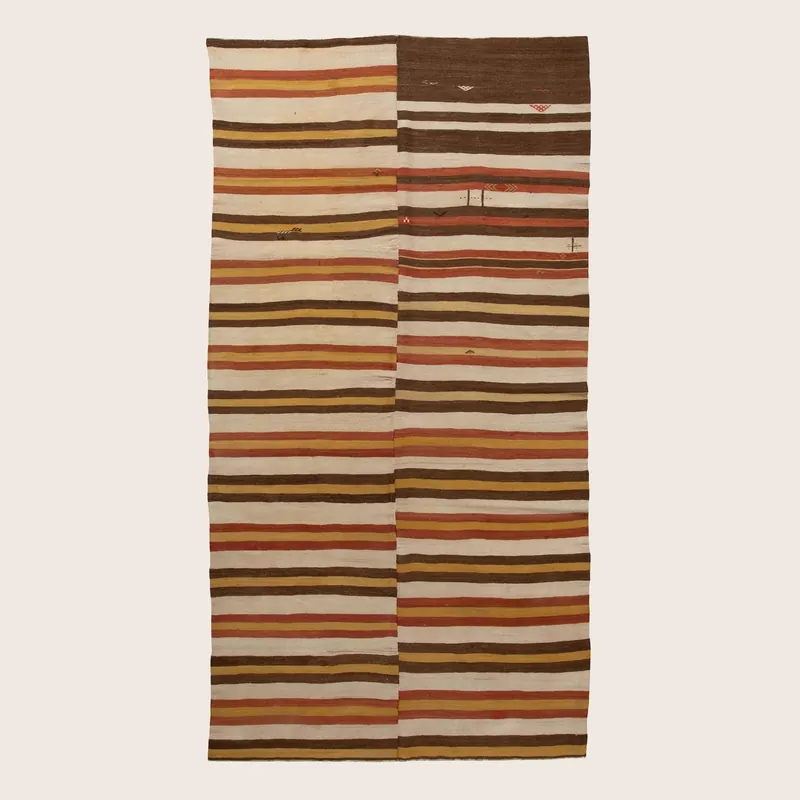 Brown & Yelllow Stripe Vintage Flatweave Anatolian Wool Rug - 5'8" x 11'8"
