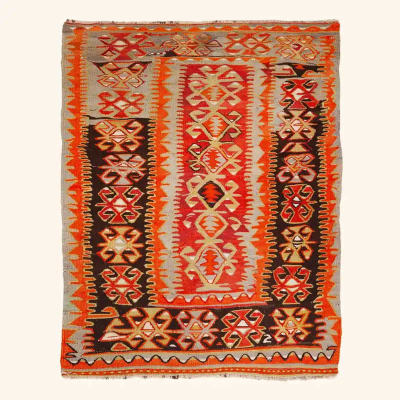 Brown & Orange Vintage Anatolian Flatweave Wool Rug - 3'3" x 4'4"