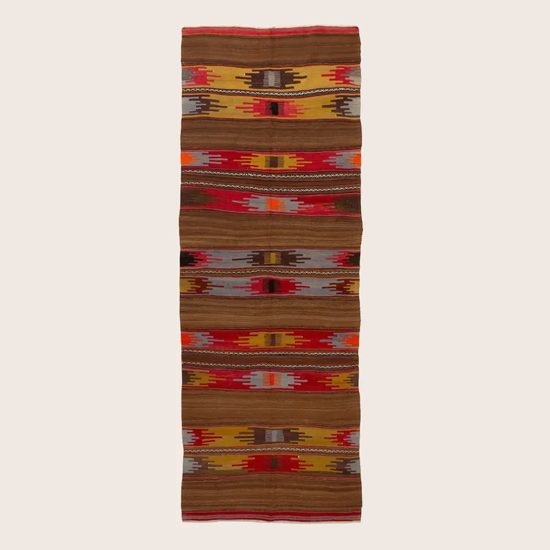 Brown Vintage Anatolian Flatweave Wool Runner - 4'4" x 13'
