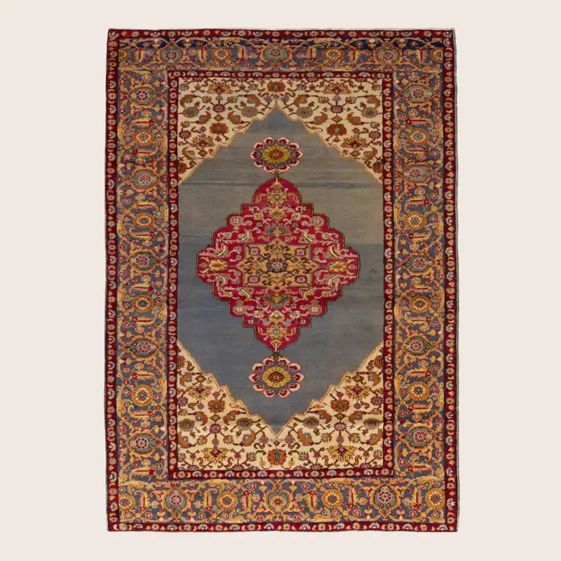 Beige & Blue Vintage Traditional Anatolian Wool Rug - 3'11" x 5'10"