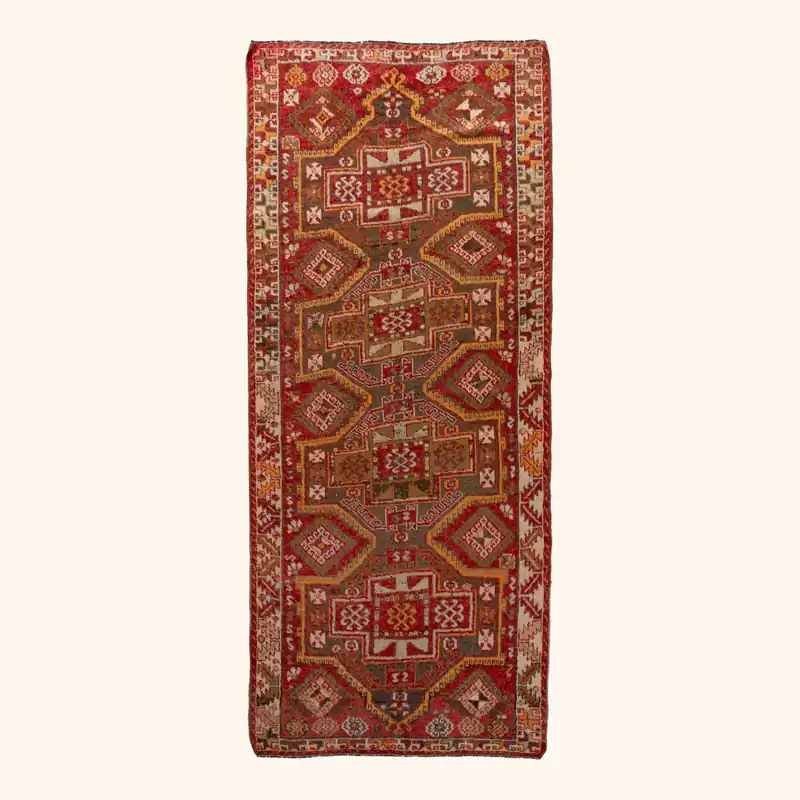 Red Vintage Traditional Anatolian Wool Rug - 4'5" x 10'5"
