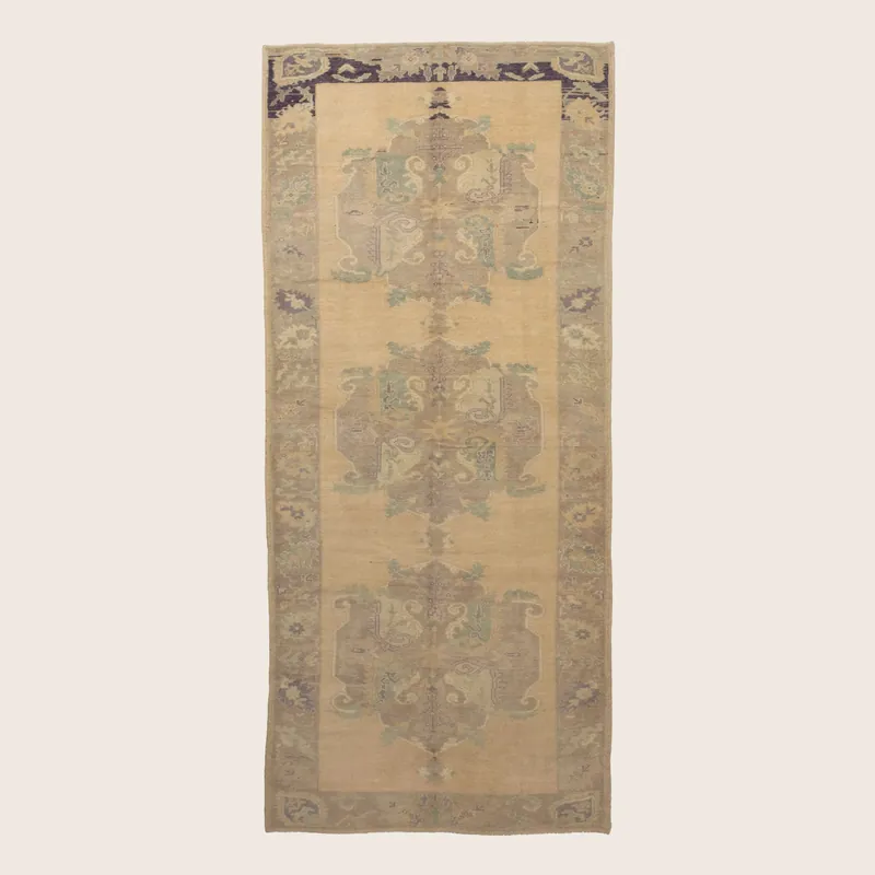 Beige Vintage Traditional Anatolian Wool Rug - 5'1" x 12'3"