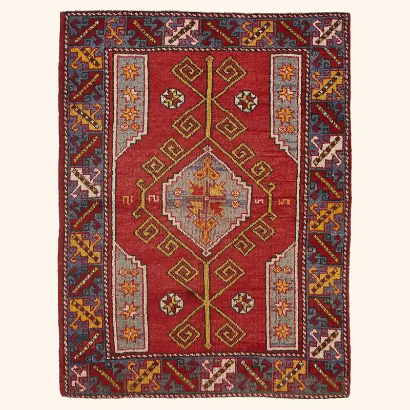 Red Vintage Traditional Turkish Wool Rug - 4'3" x 5'8"