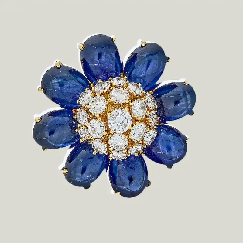 Vintage 18K Yellow Gold, Sapphire and Diamond Flower Ring - Odeon Collection (Leased)