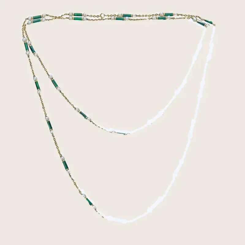 Vintage Pearl and Green Enamel Necklace - Odeon Collection (Leased)