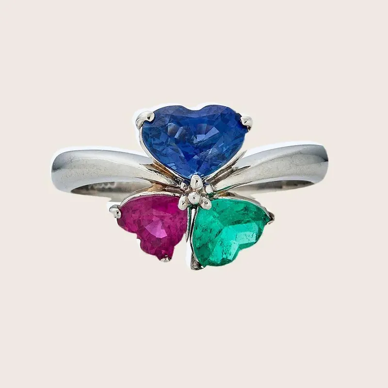 Platinum Heart-Shaped Sapphire, Ruby and Emerald Ring