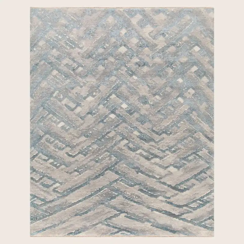 Blue Modern Wool Silk Blend Rug - 8' x 10'1"