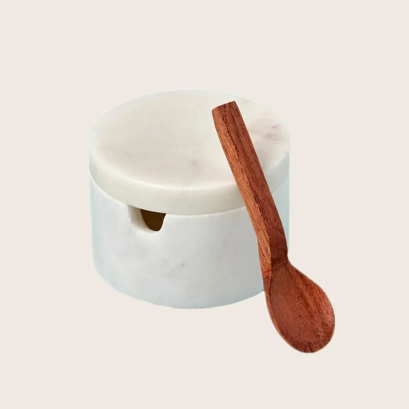White Marble Lidded Cellar with Wood Spoon - Be Home