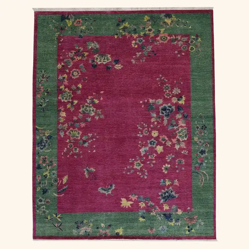 Pink Art Deco Traditional Wool Rug - 9'11" x 7'11"