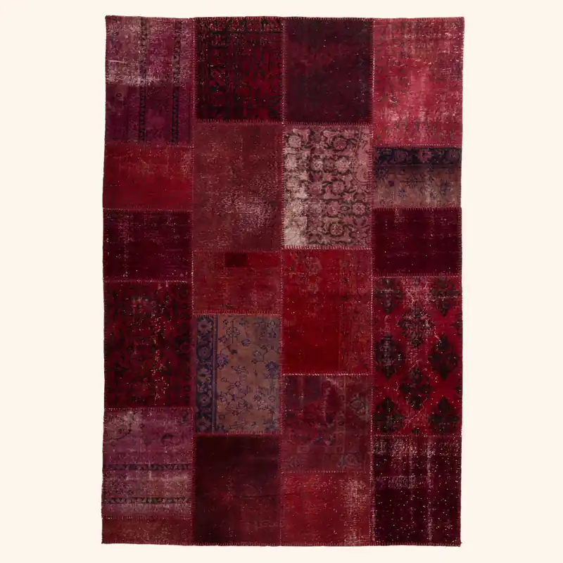 Red Overdyed Patchwork Wool Rug - 6'6" x 9'5"