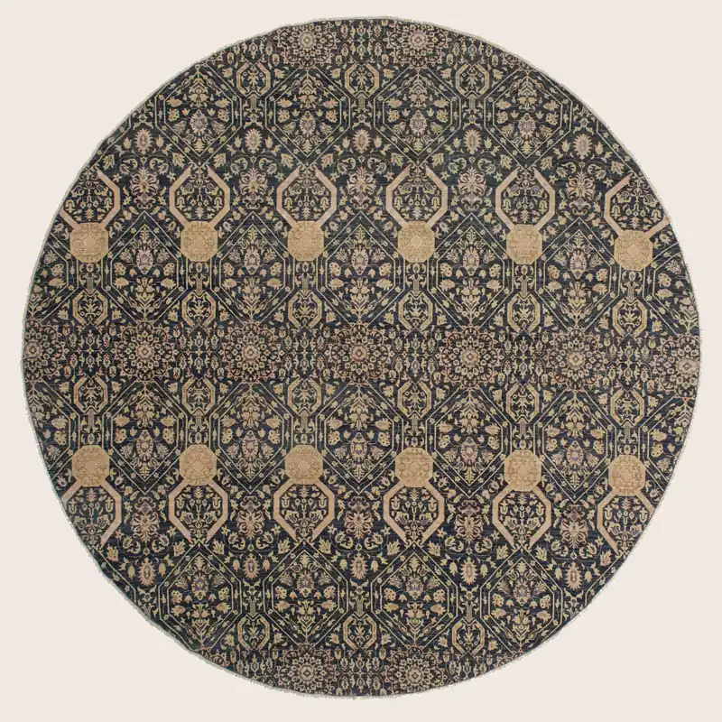 Blue & Cream Traditional Wool Rug - 12' Round