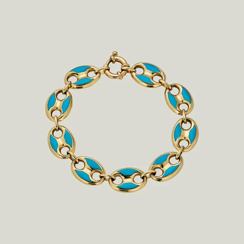 14K Yellow Gold Coffee Bean Turquoise Enamel Bracelet - Odeon Collection (Leased)